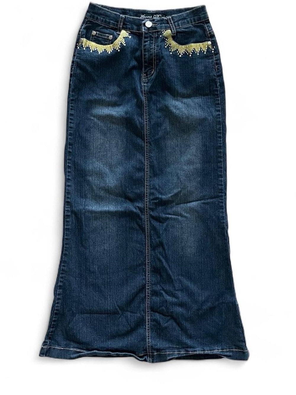 Y2K Vintage Dark Wash Blue Embellished Gold Pocket Women’s Jeans Maxi Skirt